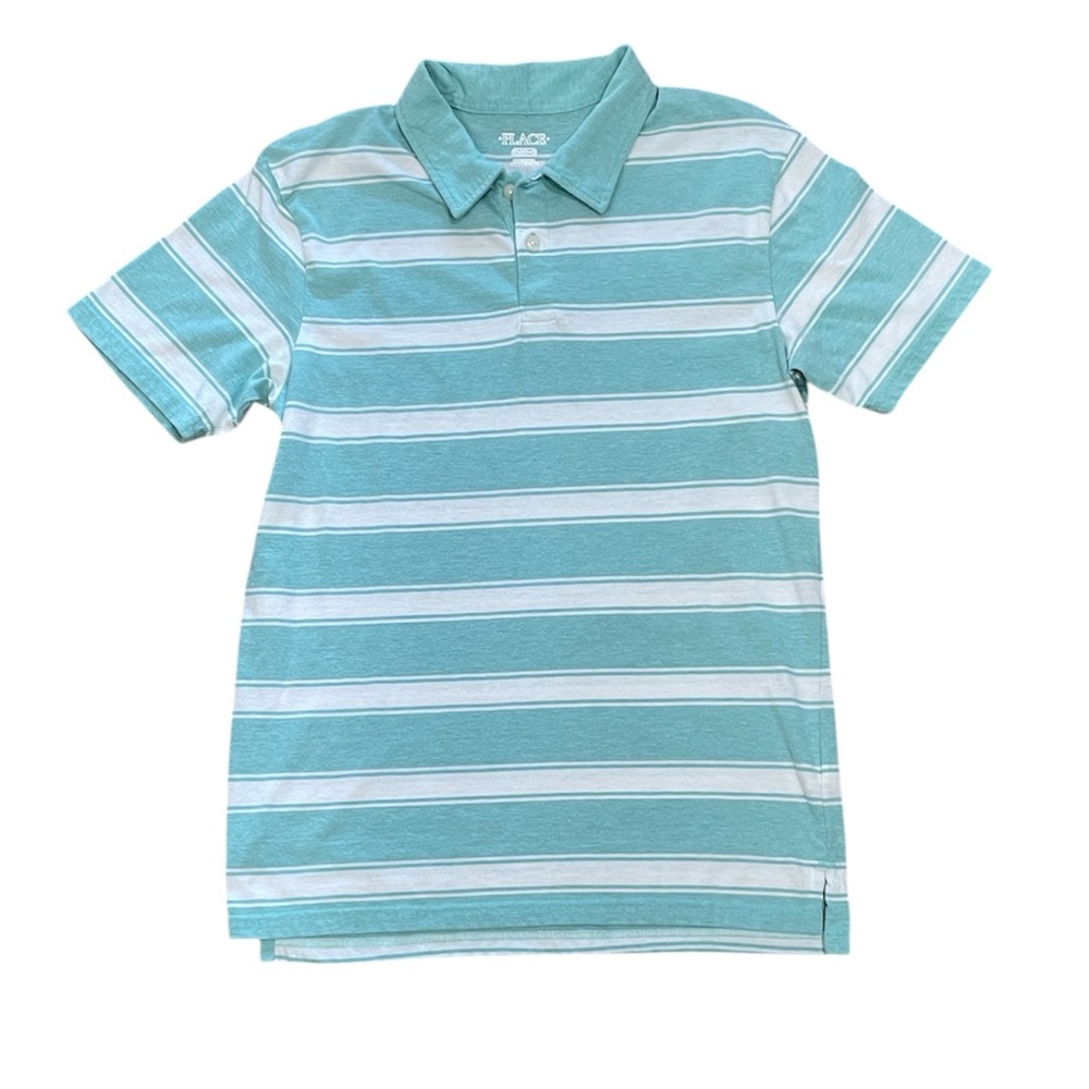 PLACE Boys Short Sleeve Striped Jersey Polo in Aqua Size 2XL